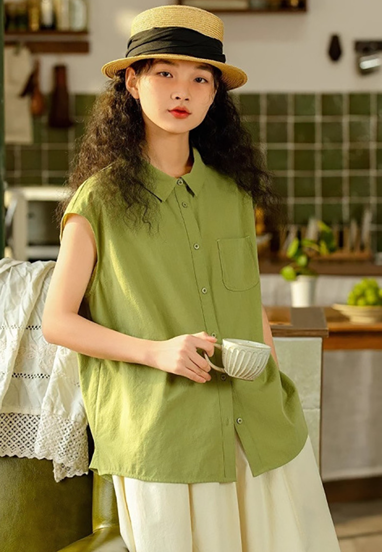 Summer Japanese casual cotton and linen solid color shirt CA25070926GR