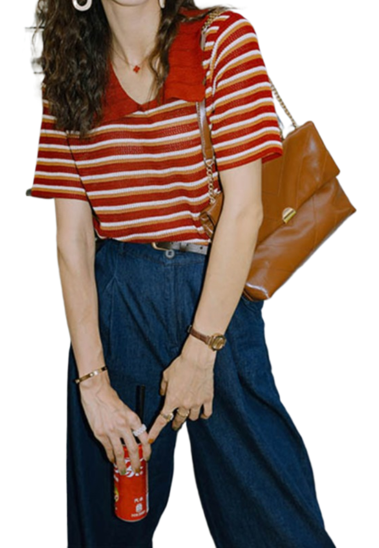 Summer Straight Shoulder Striped Short Sleeve knit Top CA25091926RD