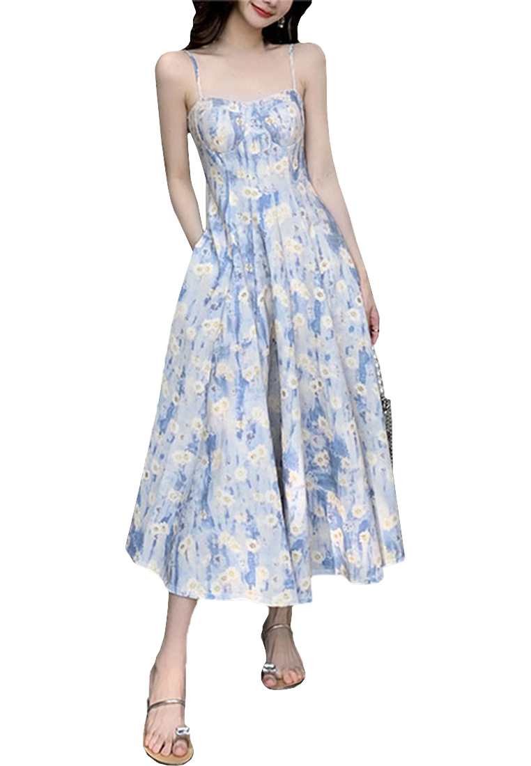 French blue oil painting floral slip dress CA24030726