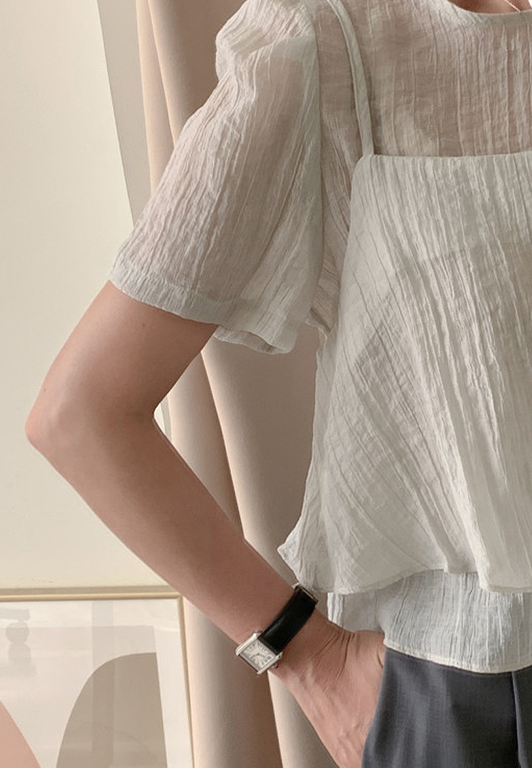 French crew neck puff sleeve textured chiffon top CA25060326GR