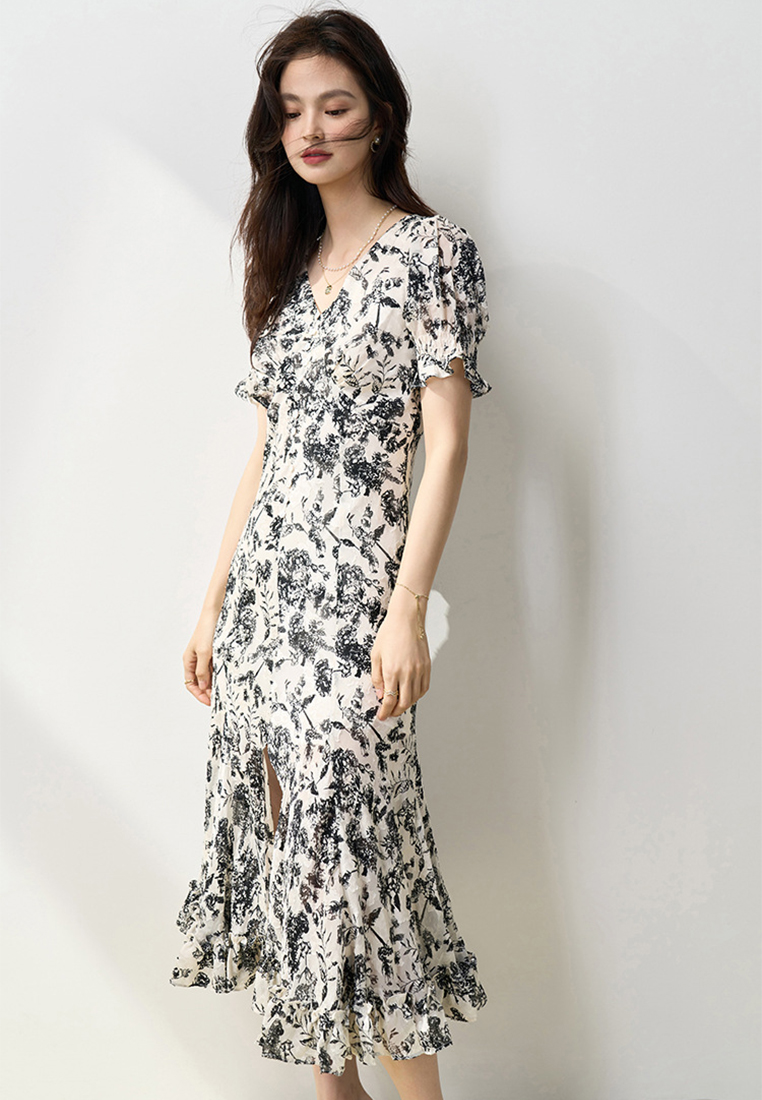 Black and white printed slit fishtail skirt dress CA101926