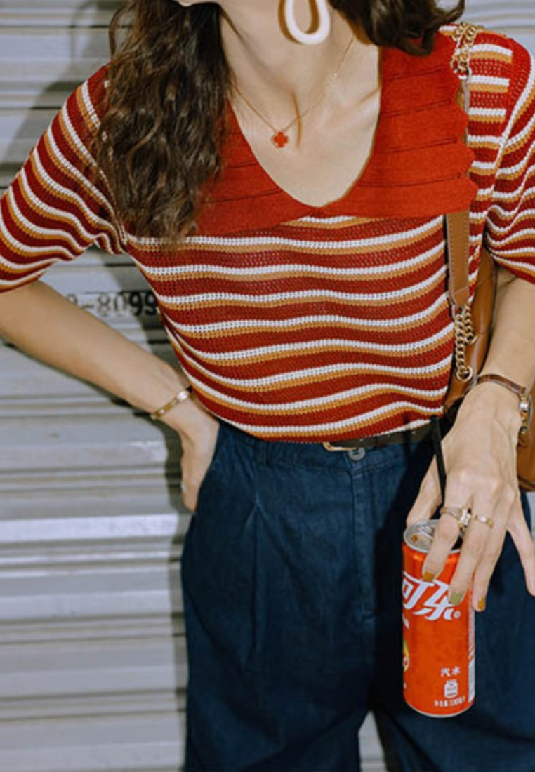 Summer Straight Shoulder Striped Short Sleeve knit Top CA25091926RD
