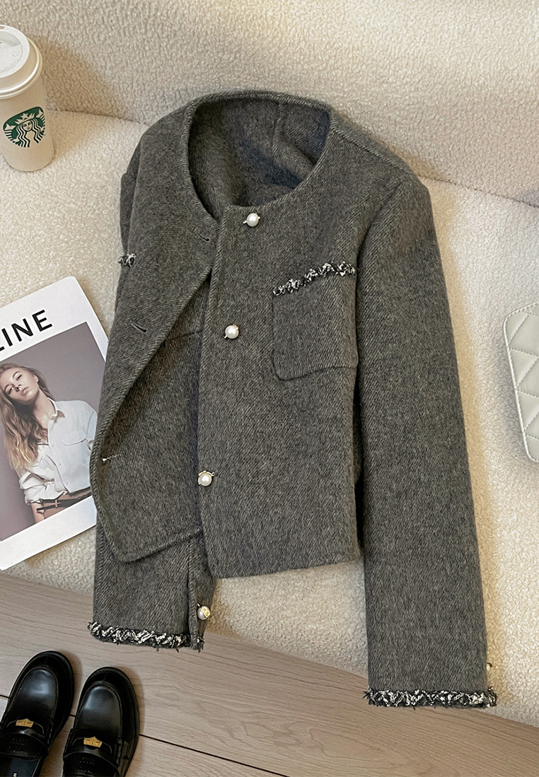 New French Double-Faced Wool Cashmere Chanel-Style Jacket CA25102426GY