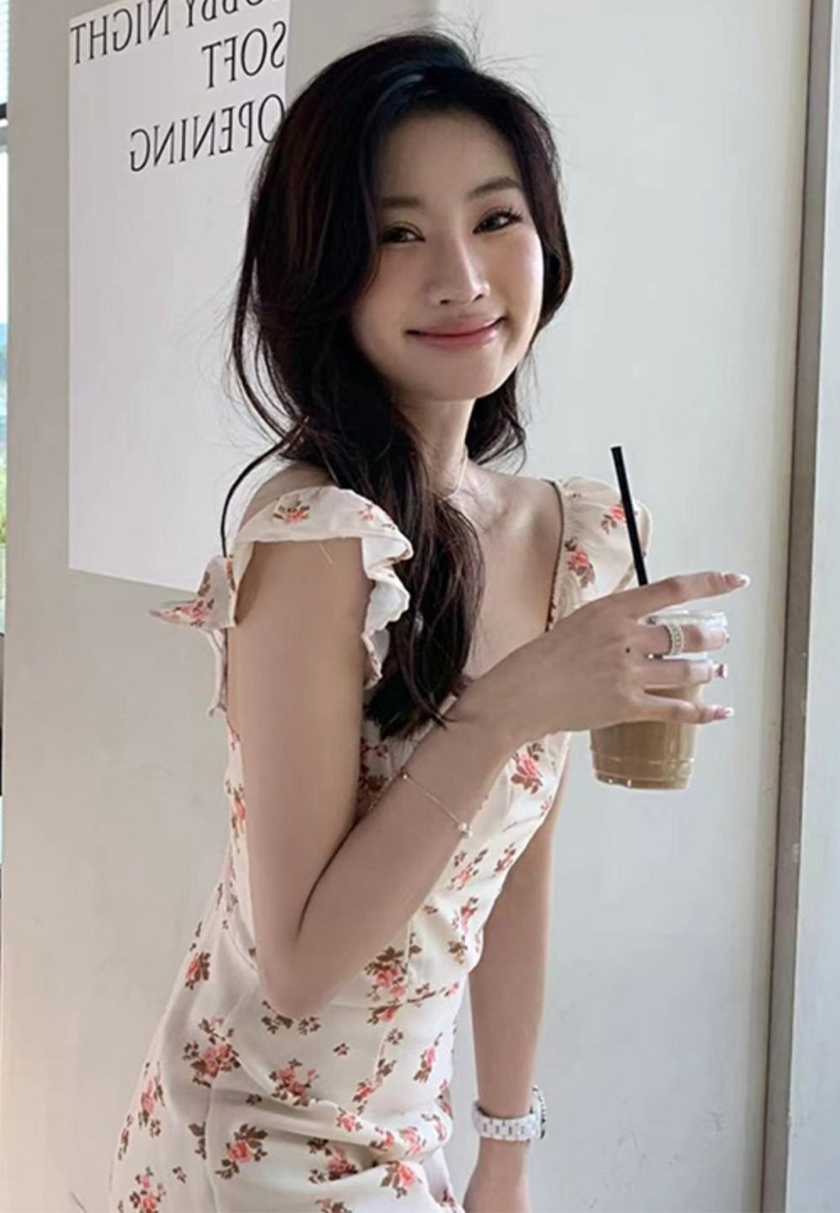 Summer floral suspender French style slit chiffon dress CA24050626