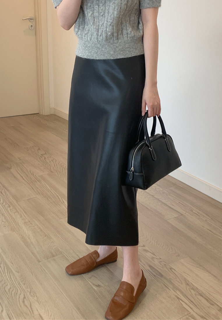 Autumn and winter simple style design slit skirt PU leather skirt CA120426BK