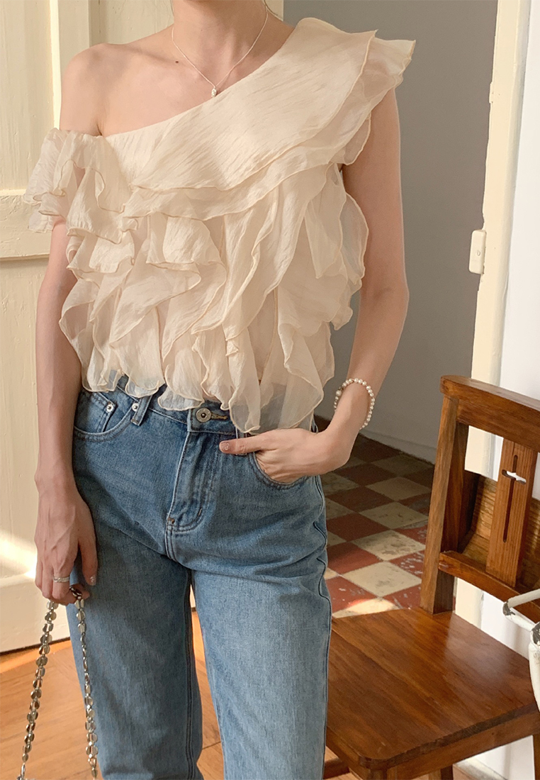 New summer French style off-shoulder ruffled shirt CA25042926BE