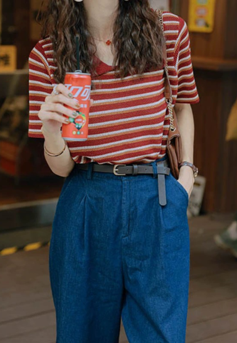 Summer Straight Shoulder Striped Short Sleeve knit Top CA25091926RD