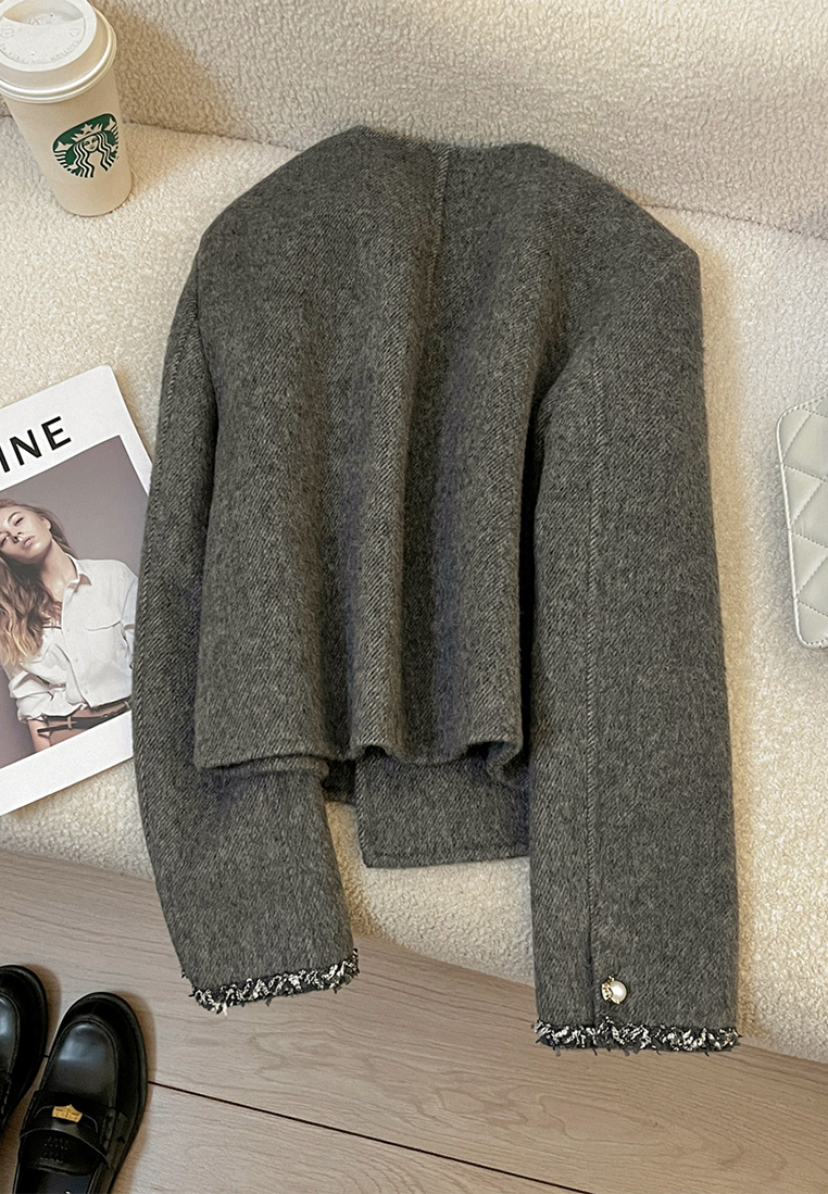 New French Double-Faced Wool Cashmere Chanel-Style Jacket CA25102426GY