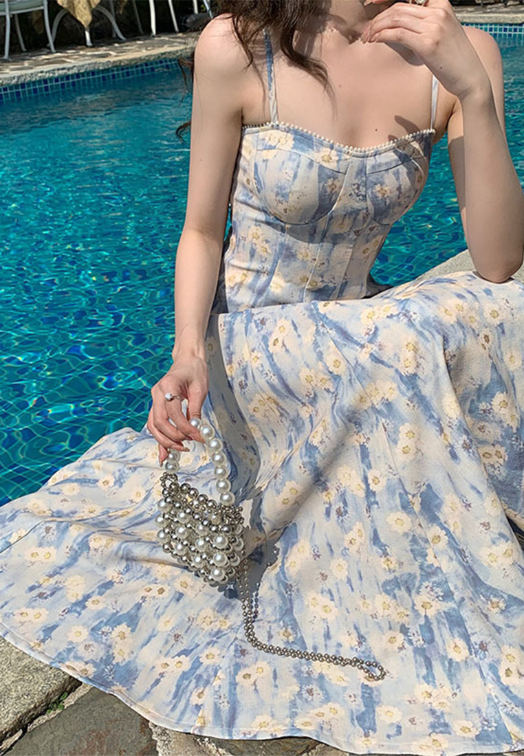 French blue oil painting floral slip dress CA24030726