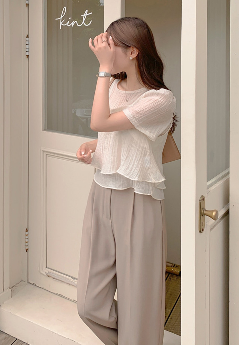 French crew neck puff sleeve textured chiffon top CA25060326GR