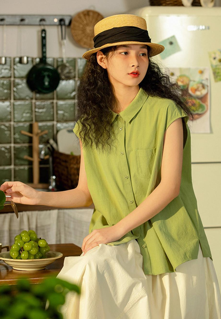 Summer Japanese casual cotton and linen solid color shirt CA25070926GR