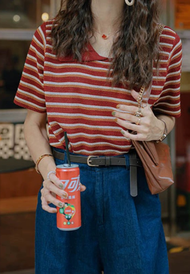 Summer Straight Shoulder Striped Short Sleeve knit Top CA25091926RD