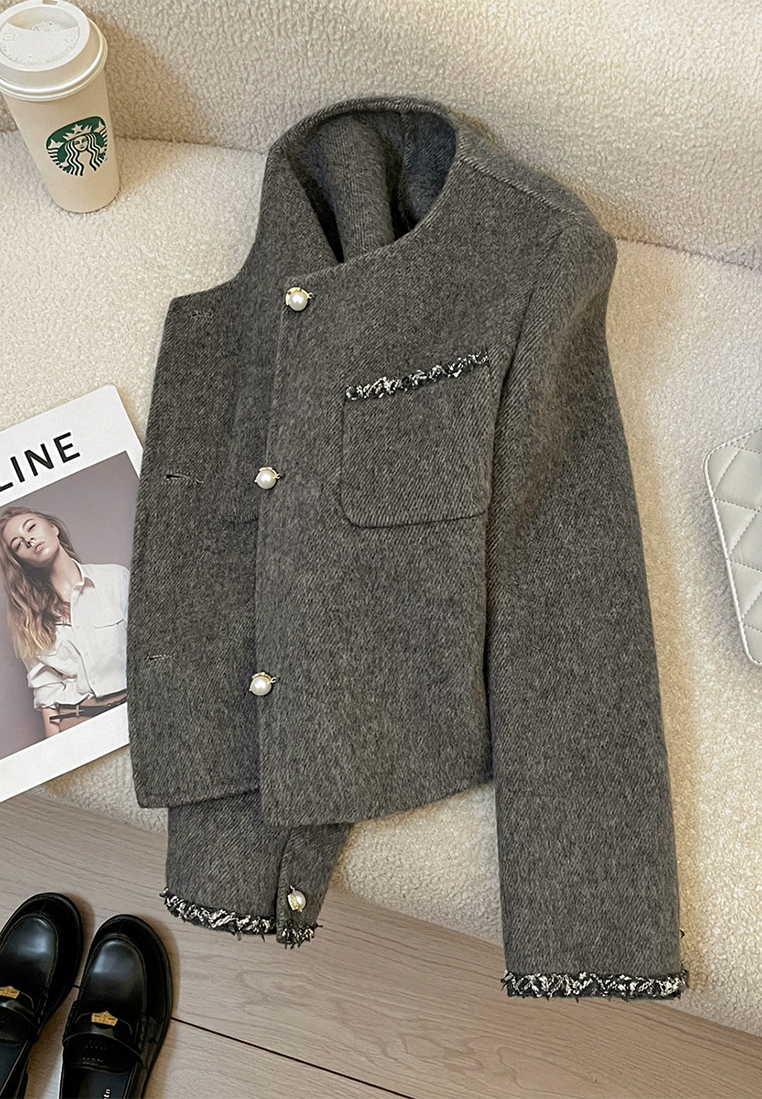 New French Double-Faced Wool Cashmere Chanel-Style Jacket CA25102426GY