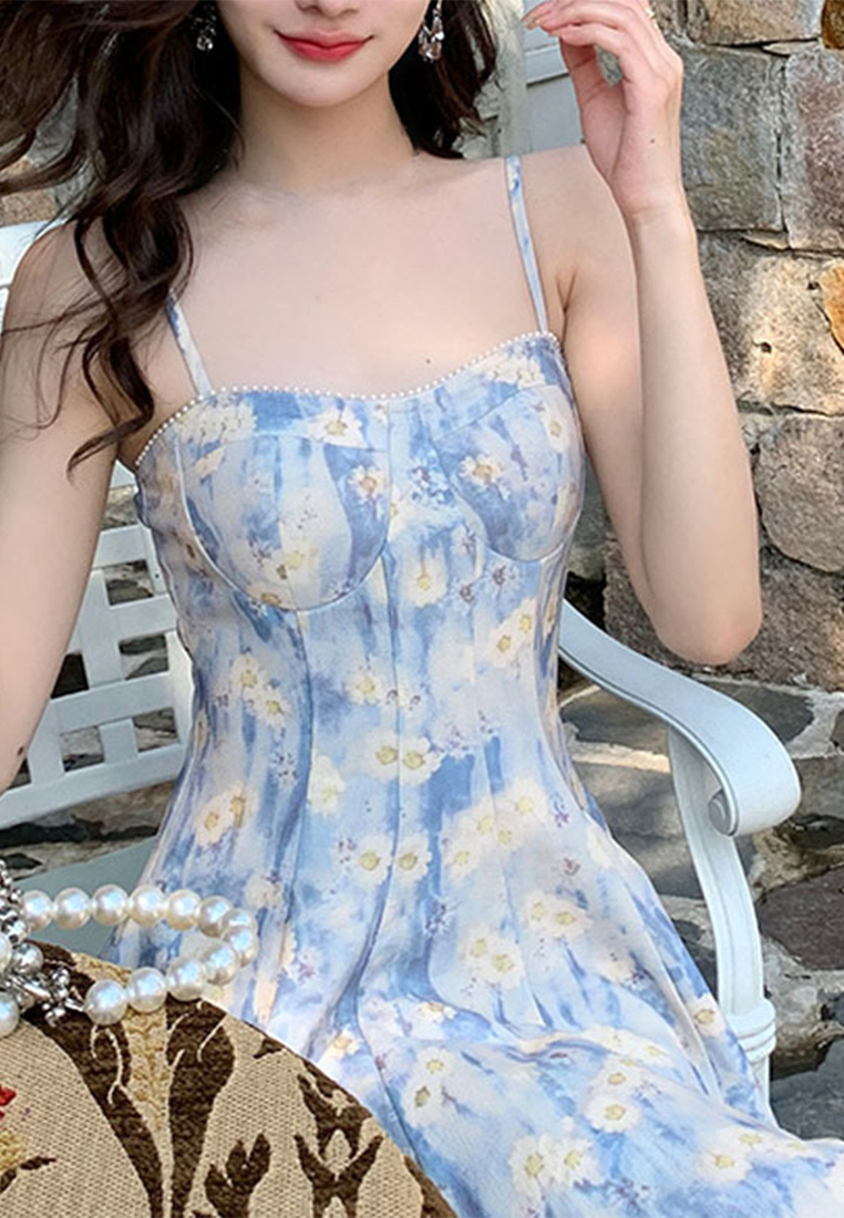 French blue oil painting floral slip dress CA24030726