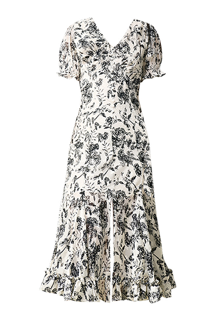 Black and white printed slit fishtail skirt dress CA101926