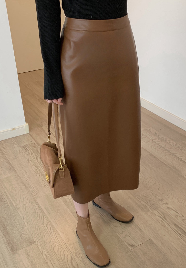 Autumn and winter simple style design slit skirt PU leather skirt CA120426BK
