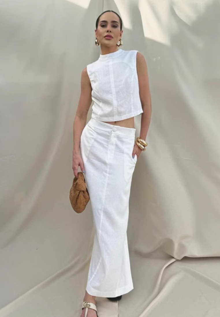 `White Linen Sleeveless Crop Top Maxi Skirt Set K 26042403