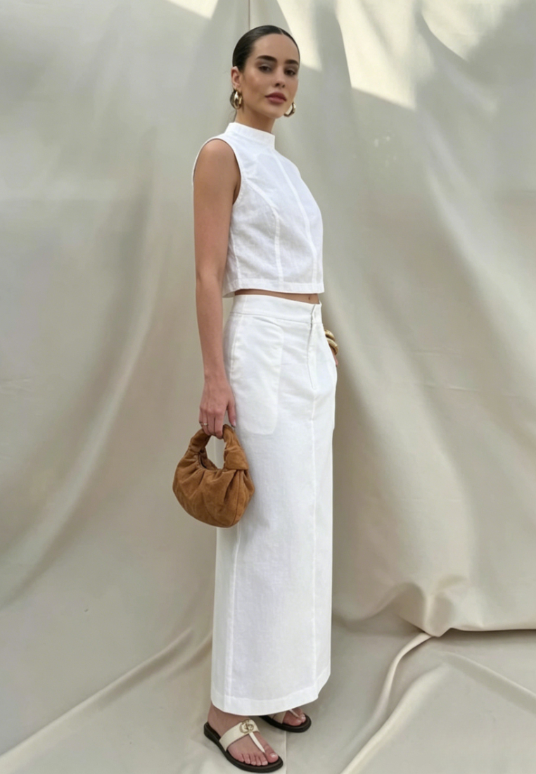 `White Linen Sleeveless Crop Top Maxi Skirt Set K 26042403