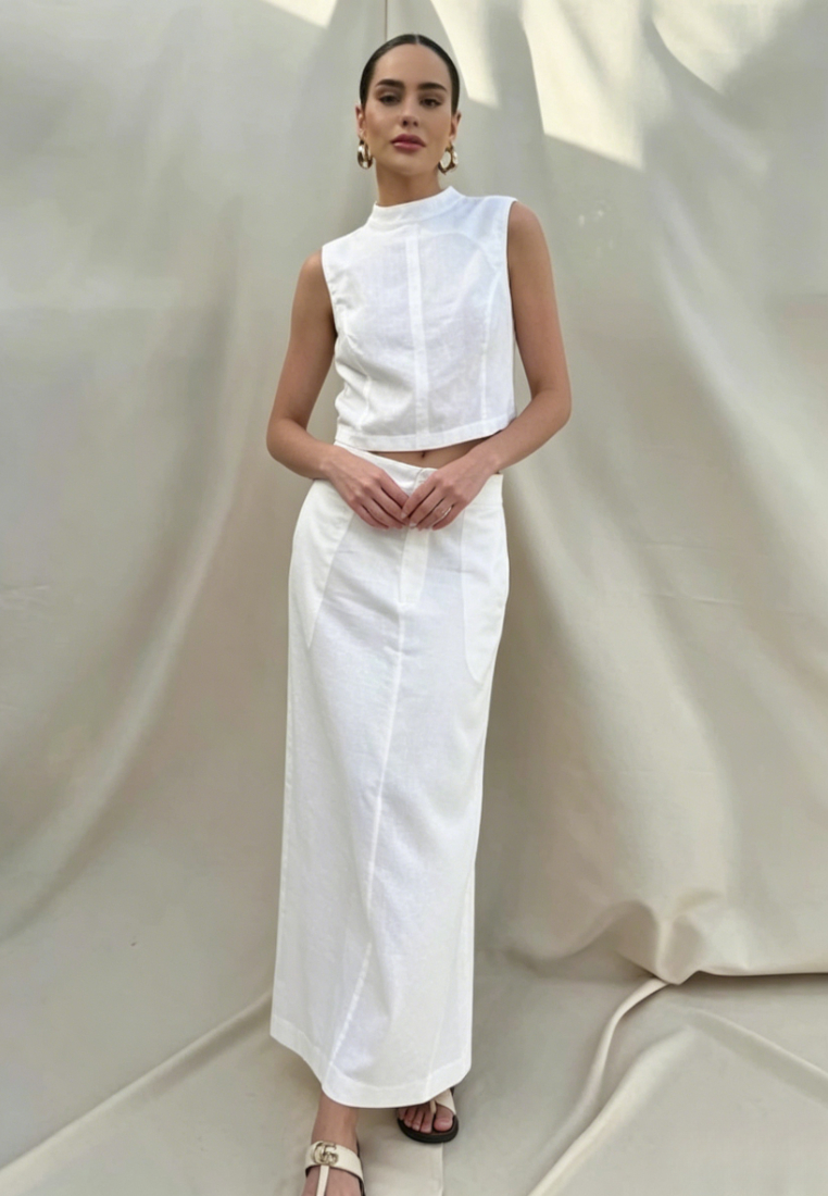 `White Linen Sleeveless Crop Top Maxi Skirt Set K 26042403