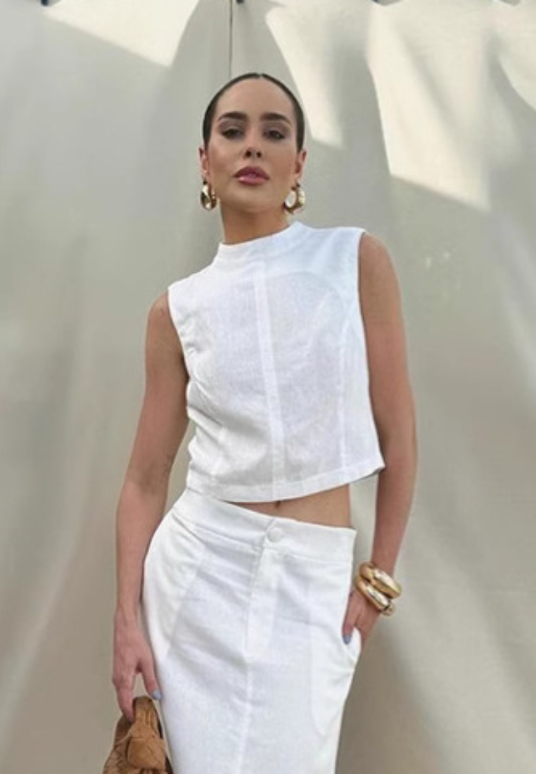 `White Linen Sleeveless Crop Top Maxi Skirt Set K 26042403