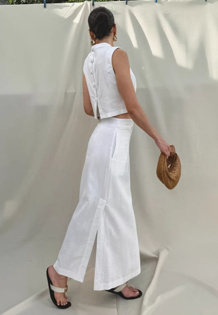 `White Linen Sleeveless Crop Top Maxi Skirt Set K 26042403