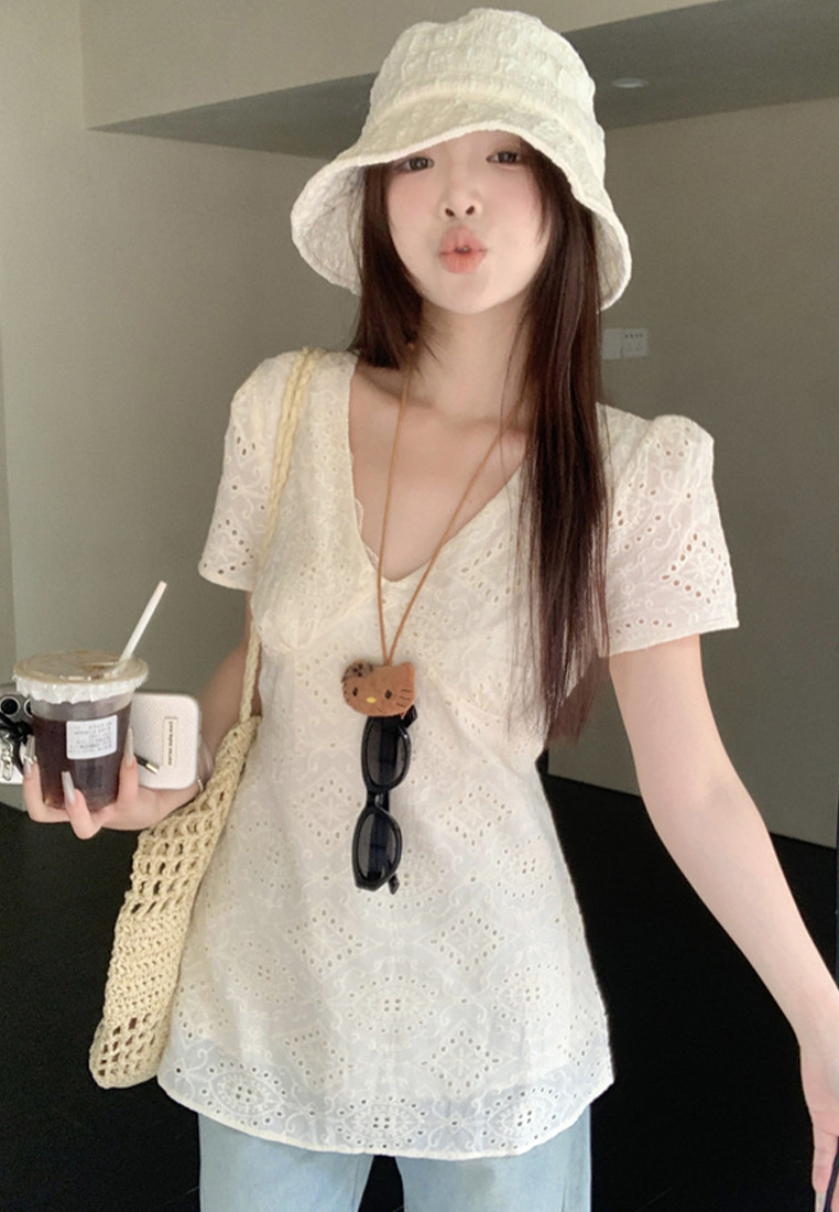 V-neck hollow embroidered lace cotton shirt CA25042927BE