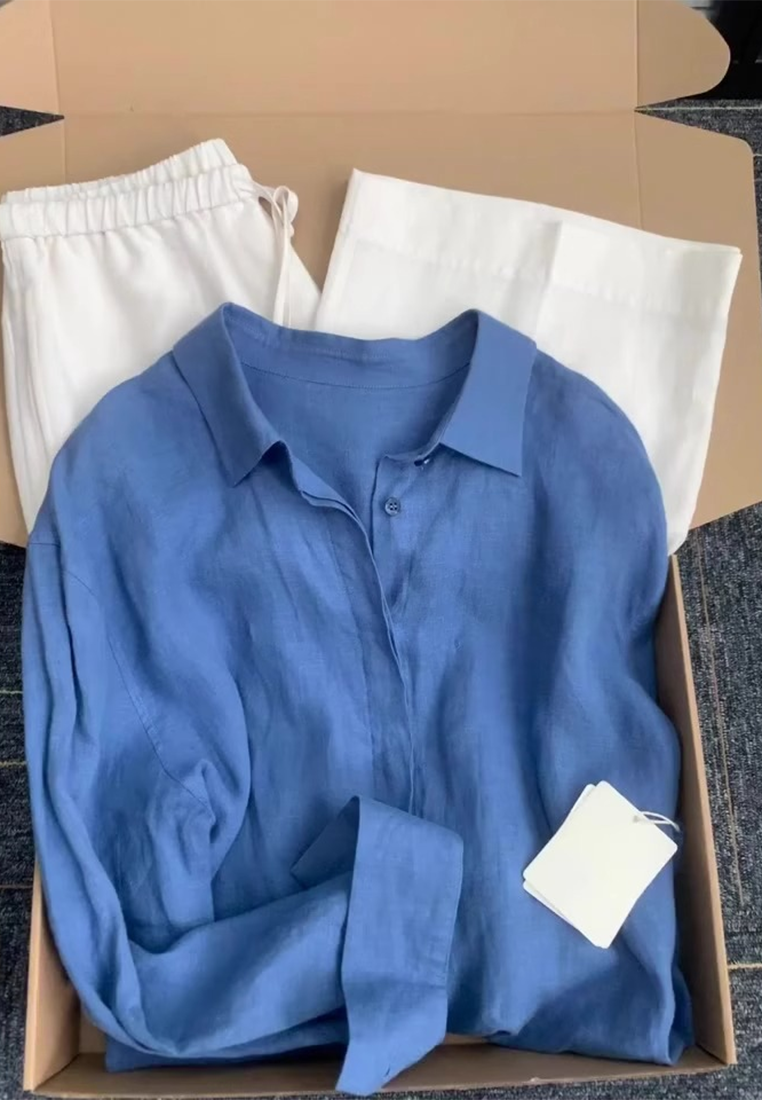 Summer Thin Klein Blue Linen Cotton Sun Protection Shirt CA25061728BL