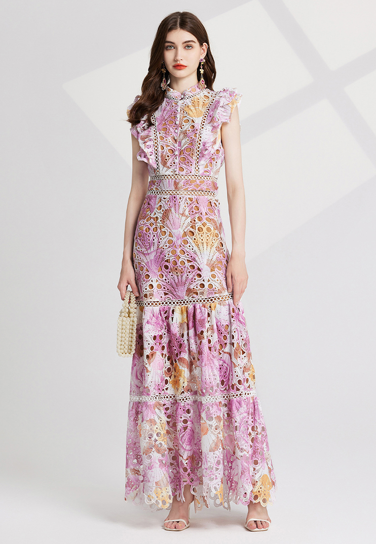 Colorful printed embroidered stand-up collar waist dress CA25070927BL