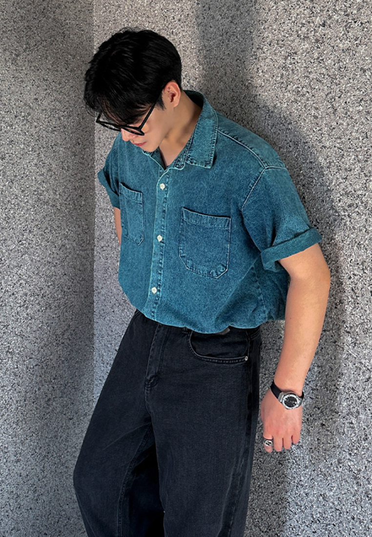 2024 Denim short sleeved shirt loose casual top CA24090327BL