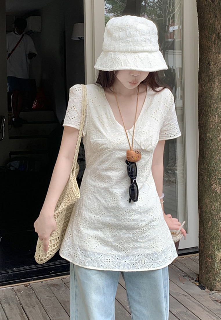 V-neck hollow embroidered lace cotton shirt CA25042927BE