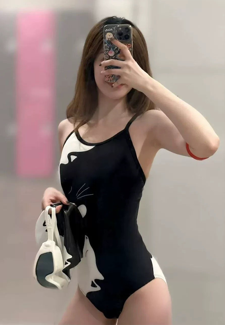 Black and white kitten double-layer chest pad one-piece swimsuit CA25052327BK