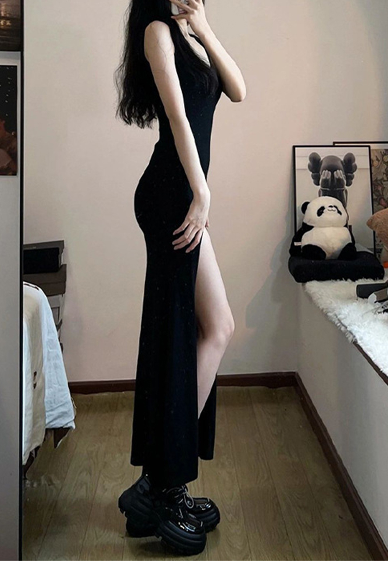 Black suspender summer slit vest dress CA24050627