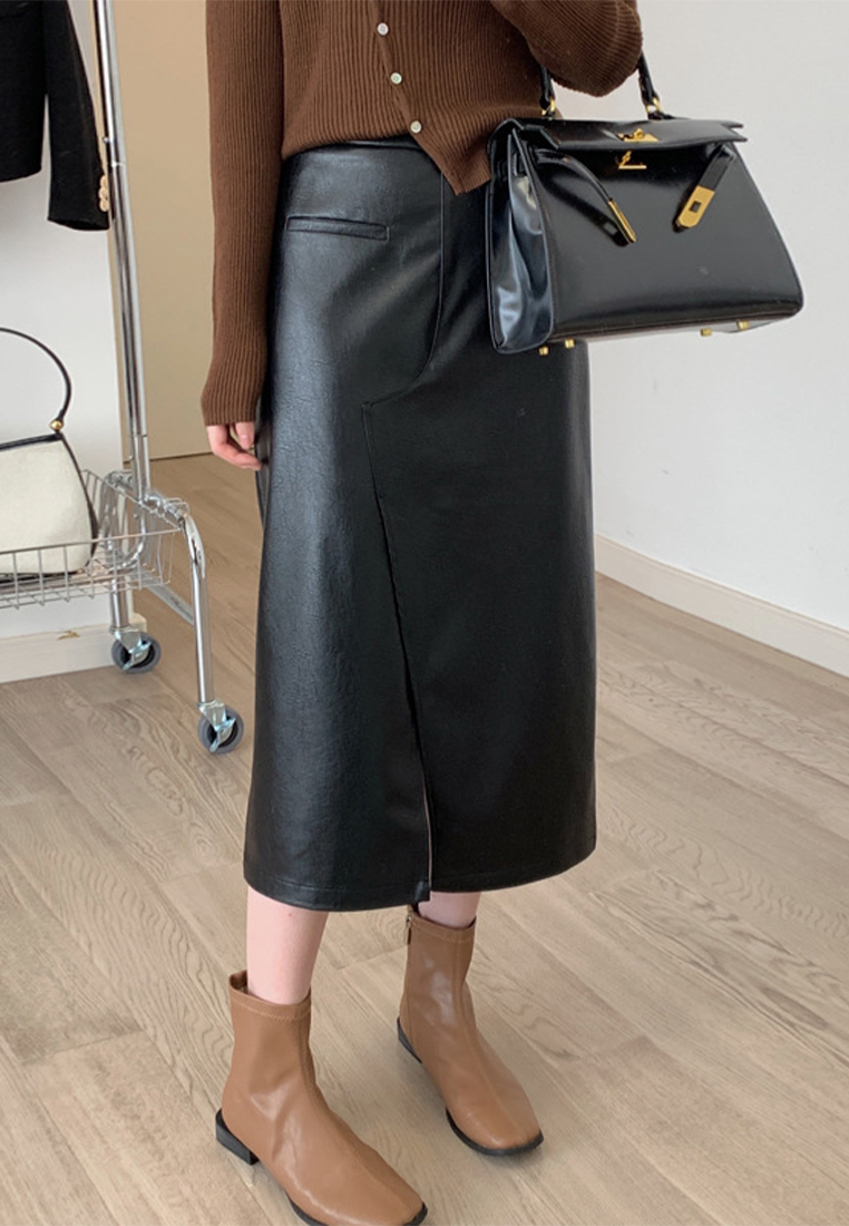 Black pu leather skirt autumn and winter high end design straight skirt CA120427