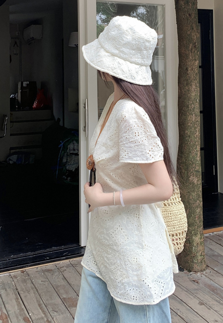 V-neck hollow embroidered lace cotton shirt CA25042927BE