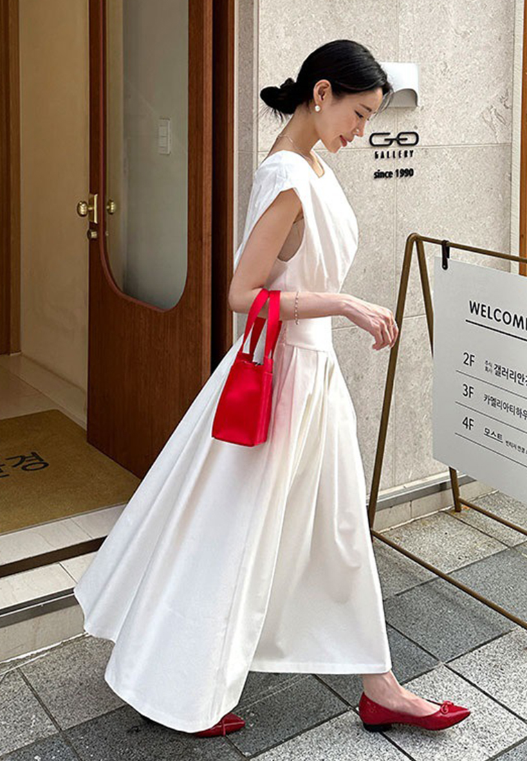 New elegant square neck waist sleeveless dress CA25060327W