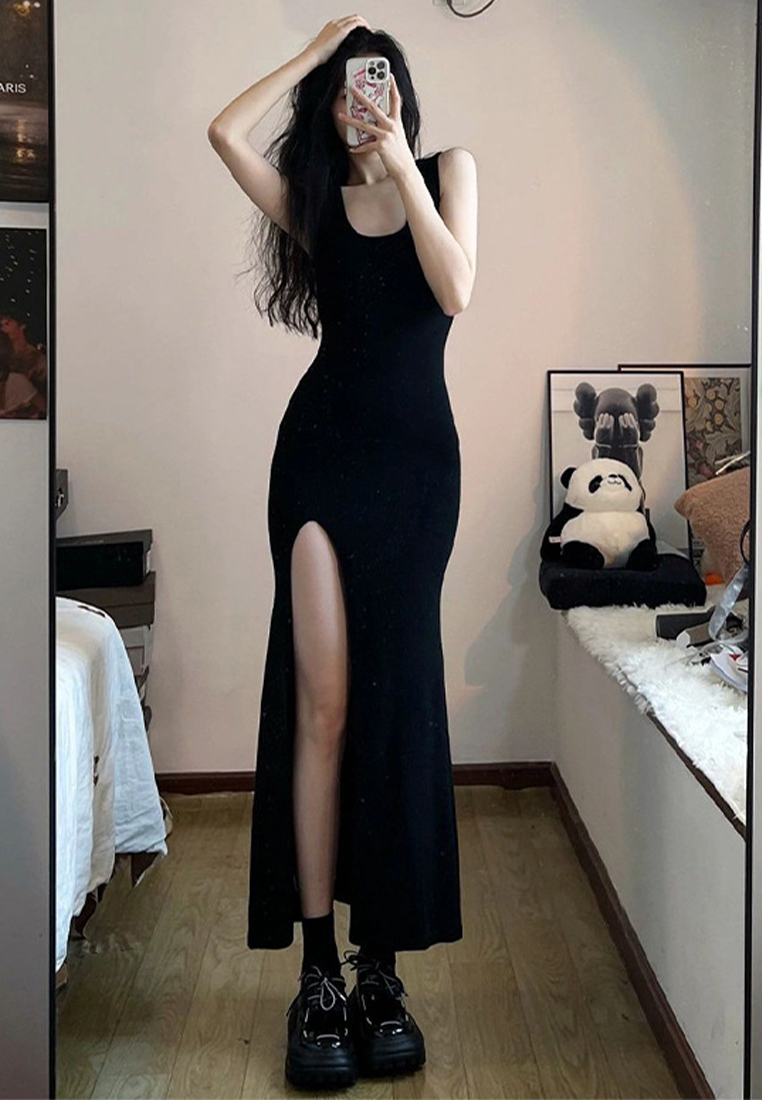 Black suspender summer slit vest dress CA24050627