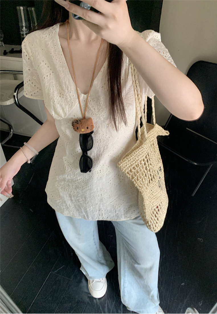 V-neck hollow embroidered lace cotton shirt CA25042927BE