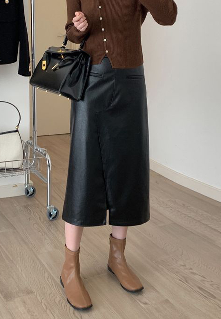 Black pu leather skirt autumn and winter high end design straight skirt CA120427