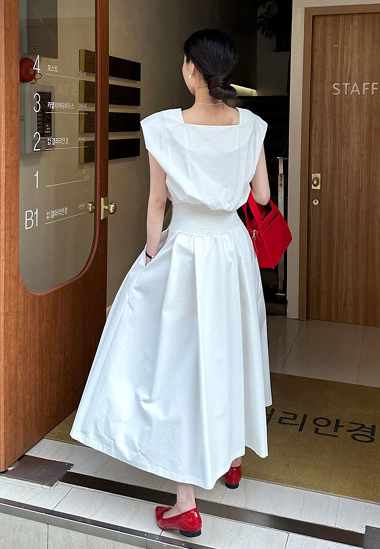 New elegant square neck waist sleeveless dress CA25060327W