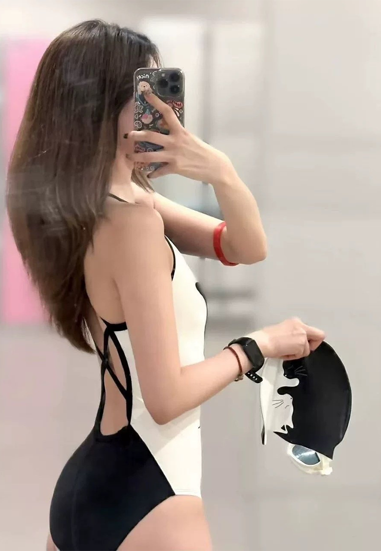 Black and white kitten double-layer chest pad one-piece swimsuit CA25052327BK