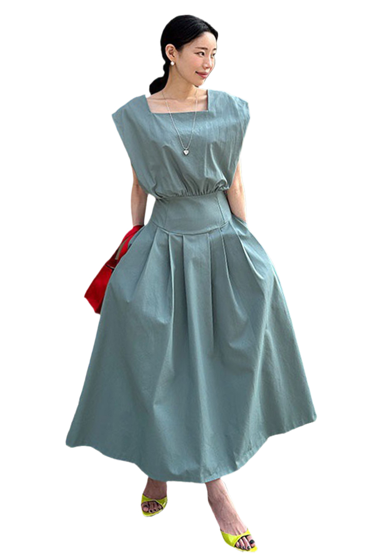 New elegant square neck waist sleeveless dress CA25060327W