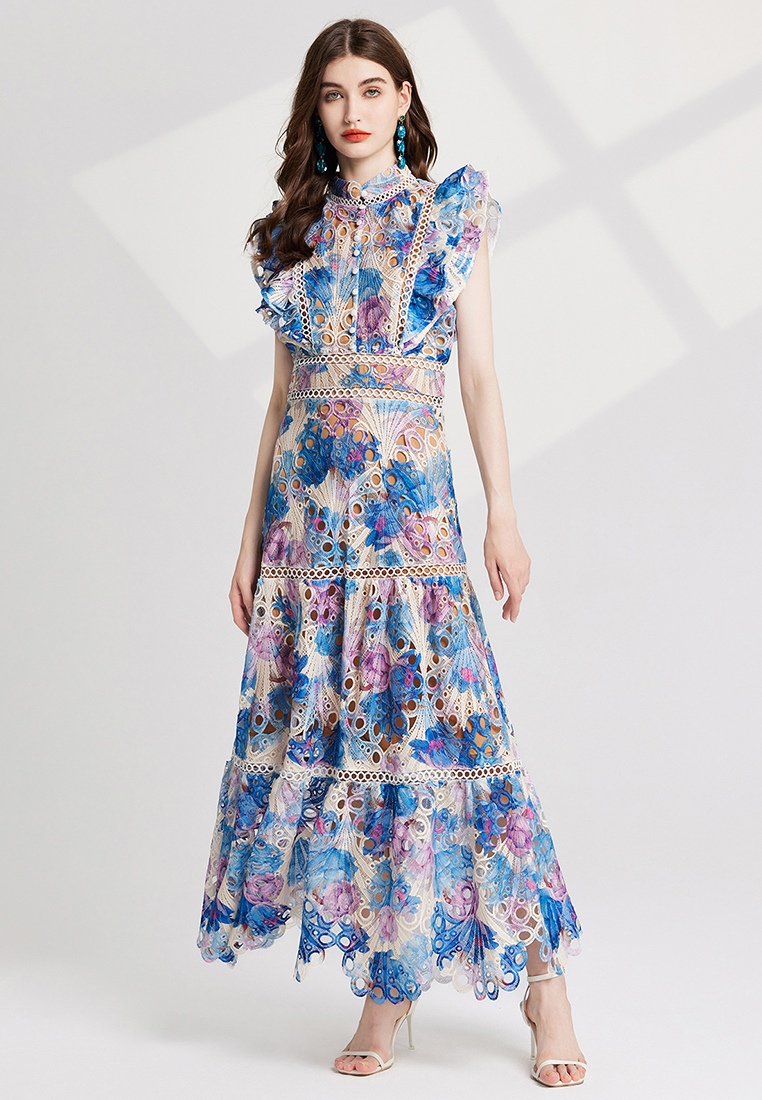 Colorful printed embroidered stand-up collar waist dress CA25070927BL