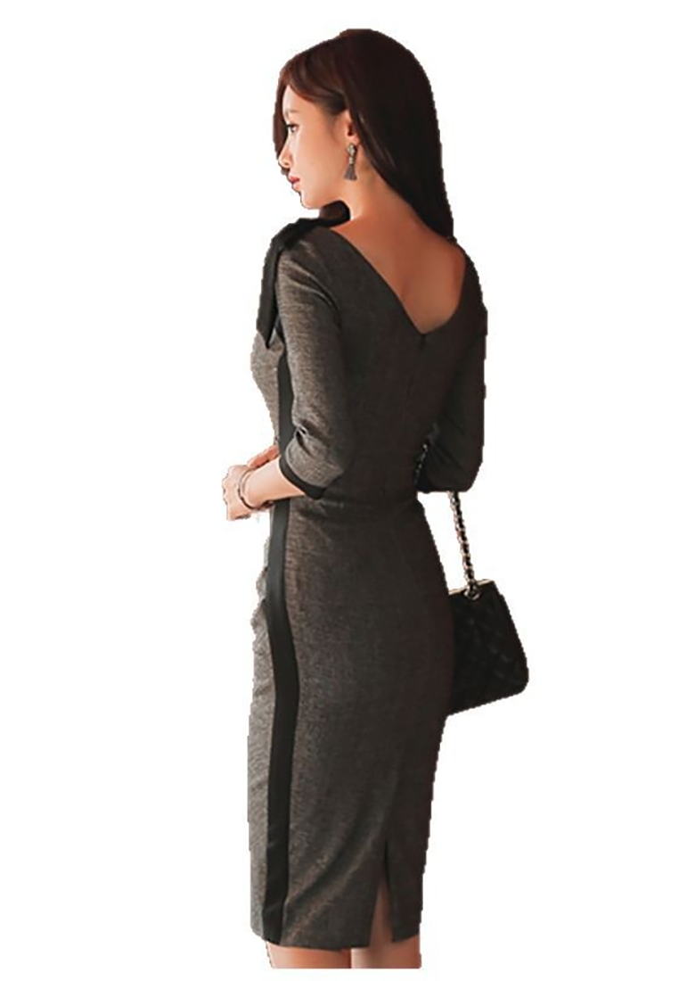 Autumn/Winter Bow-tie Color-blocked Cut-out Bodycon Dress  CA25091527GY