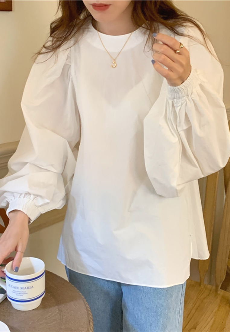Loose solid color casual bubble sleeve shirt CA241128127W