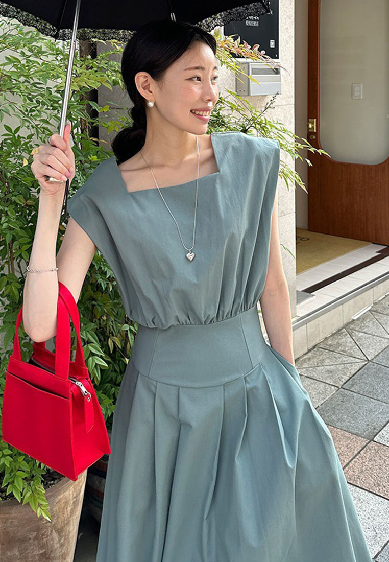 New elegant square neck waist sleeveless dress CA25060327W