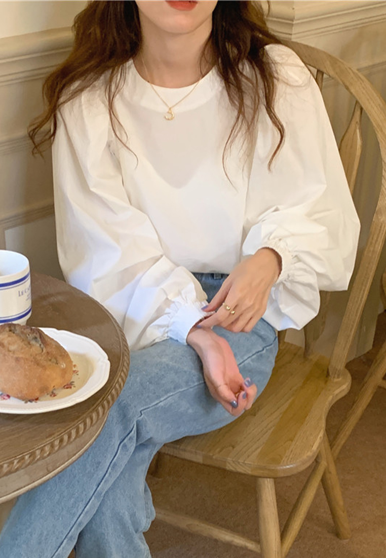 Loose solid color casual bubble sleeve shirt CA241128127W