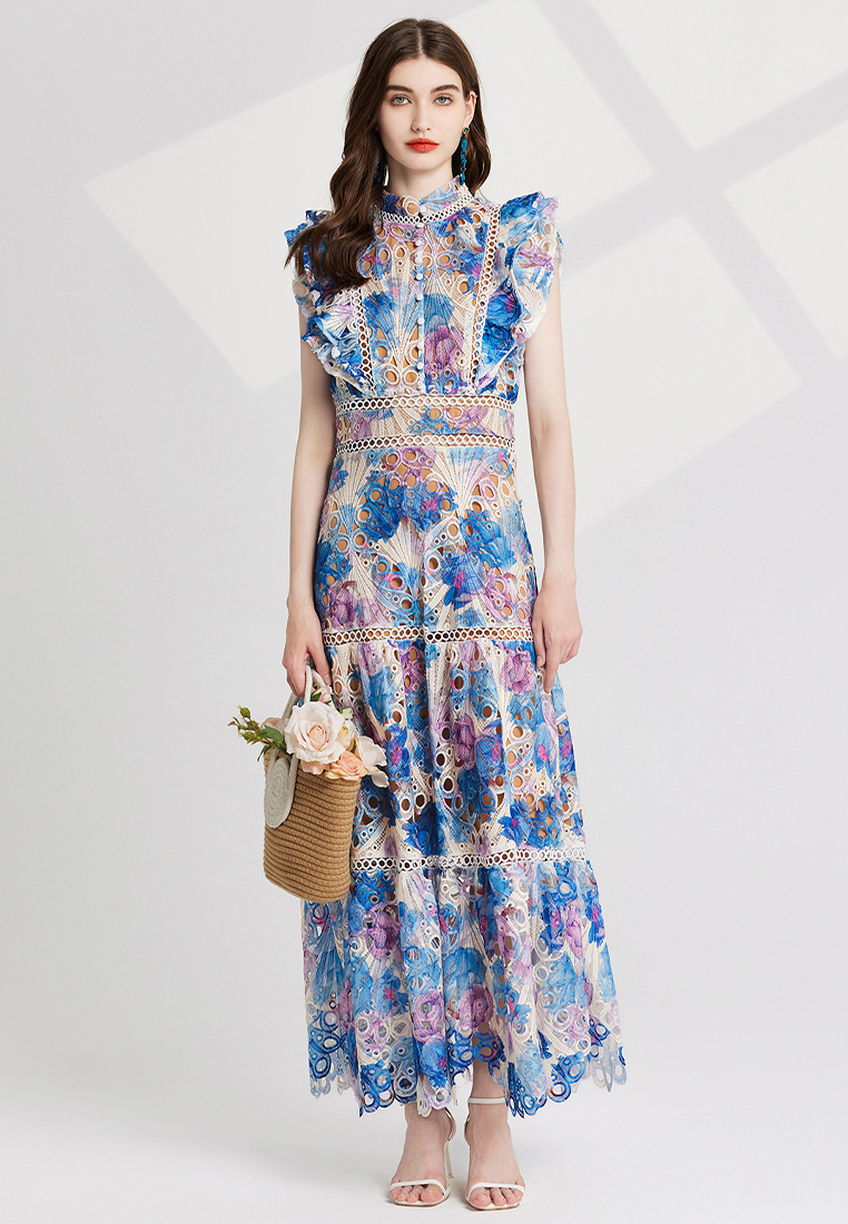 Colorful printed embroidered stand-up collar waist dress CA25070927BL