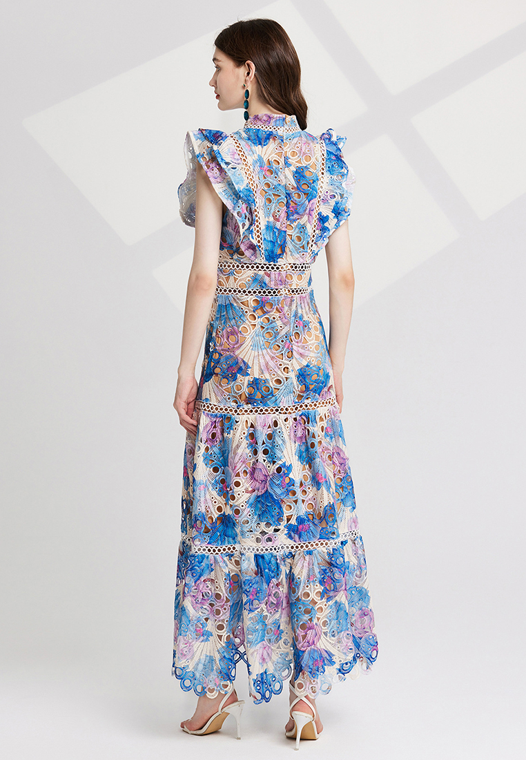 Colorful printed embroidered stand-up collar waist dress CA25070927BL