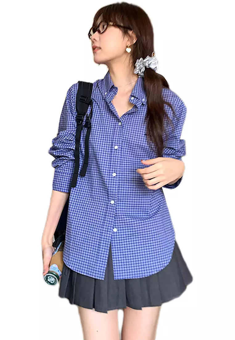 Korean ins retro plaid long sleeved shirt CA24092320MT