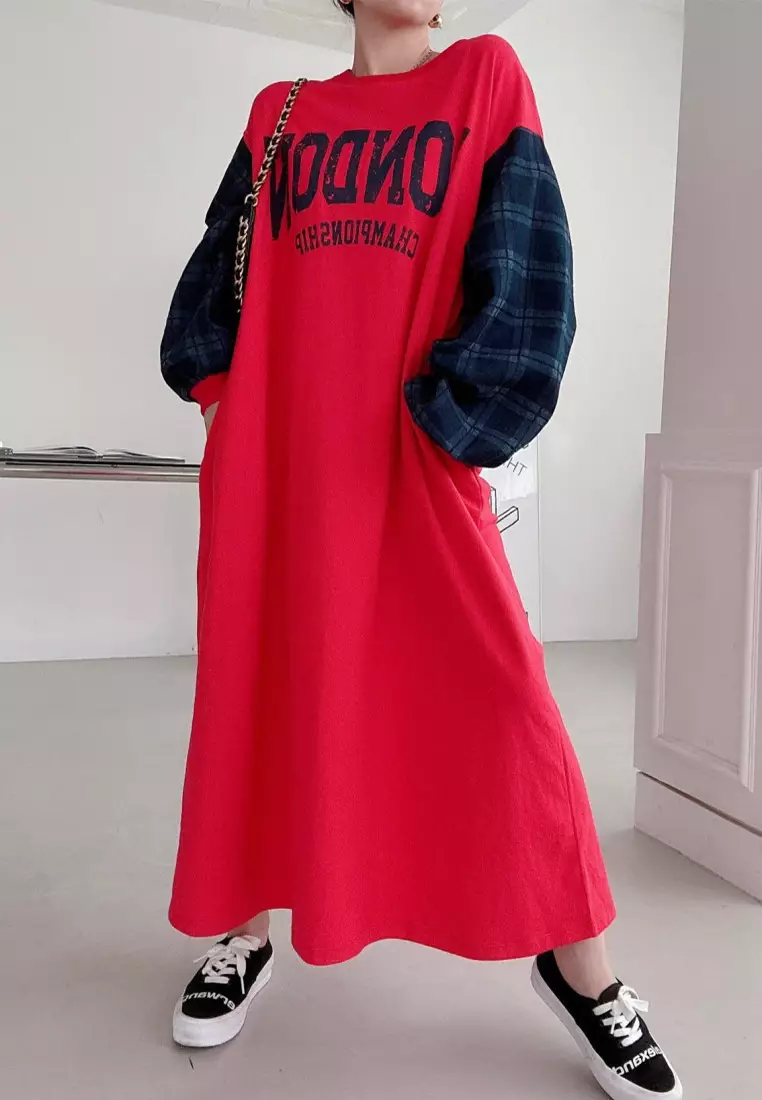 Spliced lantern sleeve printed loose dress CA24092508BK